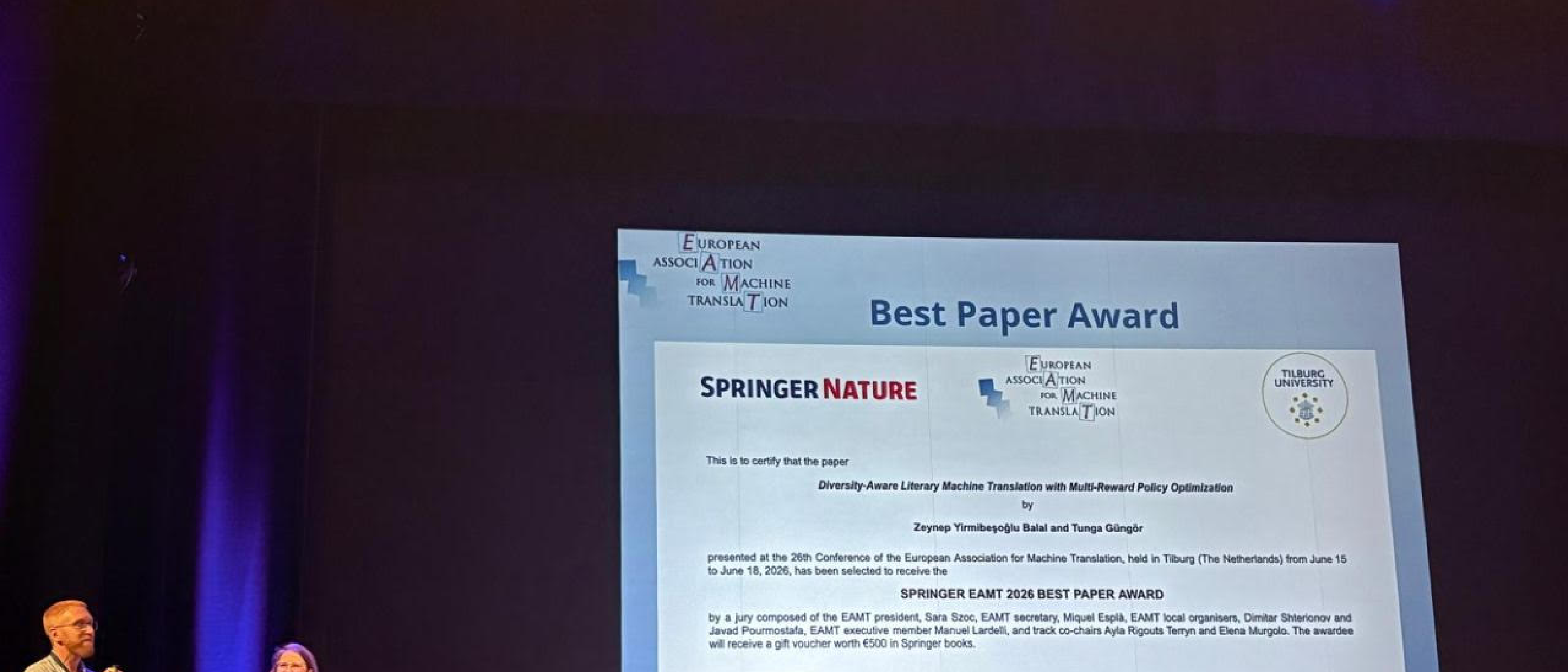 Best Paper Award for Our Student Zeynep Yirmibeşoğlu Balal and Her Advisor Prof. Dr. Tunga Güngör at EAMT 2026